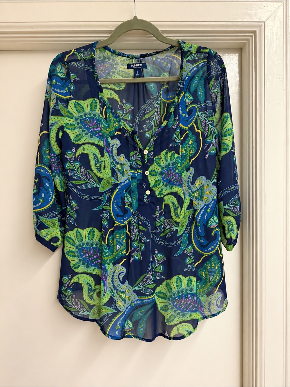 Old Navy Navy, Green & Blue Paisley V-Neck Button Blouse